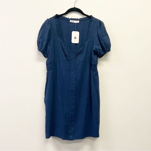 Elodie Linen-Blend Sweetheart Mini Dress – Navy | Size XL - Picture 1 of 10